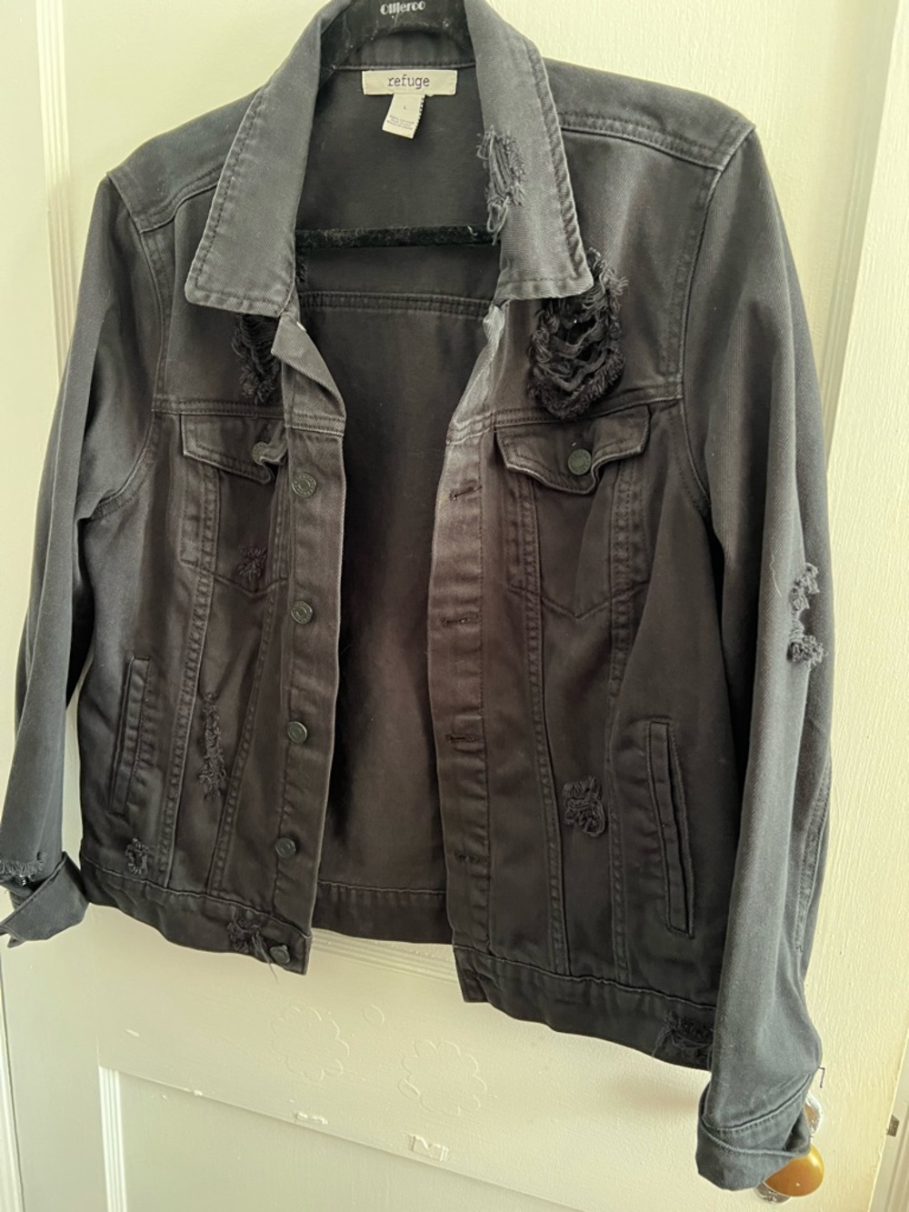 refuge Black Distressed Denim Jean Jacket Sz L 100% Cotton